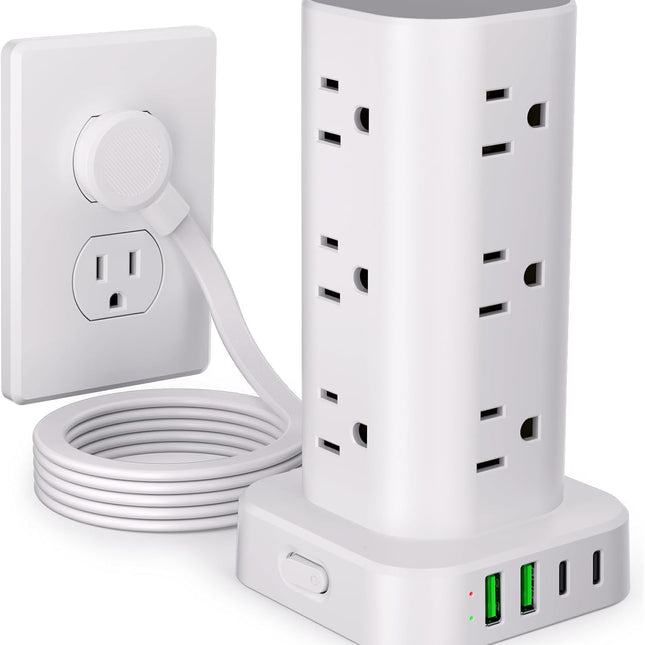 Power Strip Tower with Multiple Outlets, Flat Plug Surge Protector Tower Extension Cord with 12 AC Outlets 4 USB Ports