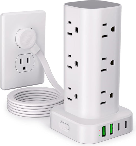 Power Strip Tower with Multiple Outlets, Flat Plug Surge Protector Tower Extension Cord with 12 AC Outlets 4 USB Ports