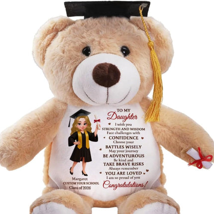 To My Daughter, I Wish You Strength And Wisdom Personalized Graduation Teddy Bear, Daughter Son Graduation 2026 Stuffed Bear, Class of 2026 Bear Plush, Graduation Gifts for Daughter Son from Dad Mom