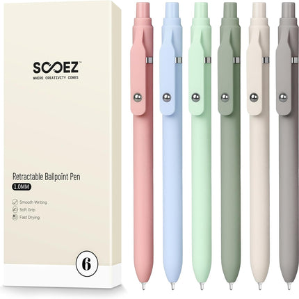 Sooez Ballpoint Pens Retractable, 6 Pack Black Pens ballpoint with Comfort Grip, Smooth Writing Fidge Pen for Journaling, Cute Office and School Supplies Bulk Pens, 1.0mm Medium Point Black ink