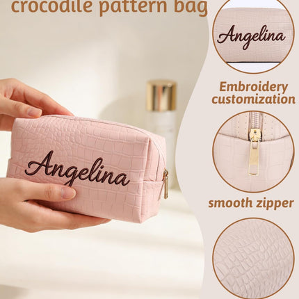 Personalized Makeup Bag for Women Girls, Crocodile Pattern Leather Cosmetic Bags Embroidered FREE NAME, Custom Small Travel Toiletry Organizer, Gifts for Birthday, Wedding, Mother's Day, Graduation