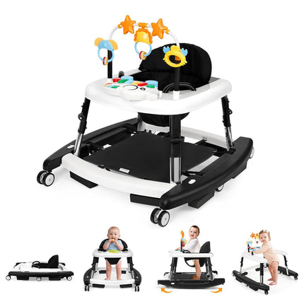 5 in 1 Baby Walker Foldable Music and Lights with 5 Adjustable Heights, Baby Walker with Wheels Portable, Infant Toddler Walker for Baby Boy Girls 6-18 Months (Black)