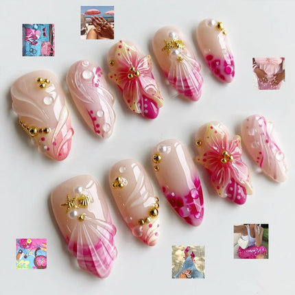 30Pcs Pink Flower Press on Nails Medium Almond French Tip Fake Nails 3D Flower with Gold Starfish Rhinestones Glitter Designs Spring Summer False Nails Cute Stick on Nails for Women Acrylic Manicure