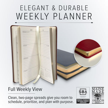 Gallery Leather Pocket Weekly Monthly Planner 2025-2026, Elegantly Bound Calendar Planner and Notebook with Stylish Gold-Gilded Page Edges, 12 Months - Acadia Tan - 6 x 3.25 "