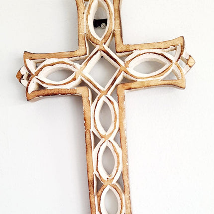 Thanksgivning Gifts Wooden Wall Cross Plaque with Hand Carvings | Religious Altar Home & Living Room Decor | Whitewash Wood Wall Cross 12 x 8 Inch