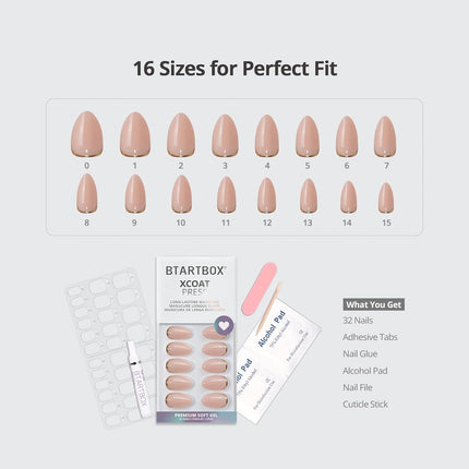 BTArtbox Press On Nails Almond - Short Gold Foil Press On Nails with Glue for Women, Semi-Transparent Soft Gel Glue On Nails in 16 Sizes - 32 Stick On Nails Kit, Gold End