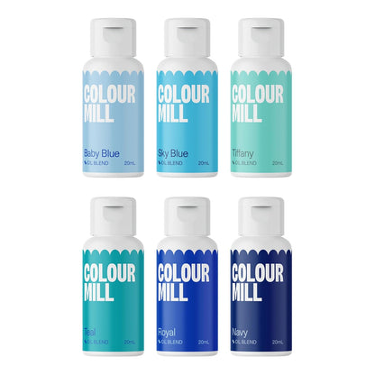 Oil-Based Food Coloring, 20 Milliliters Each of 6 Colors: Baby Blue, Navy, Royal, Sky Blue, Teal and Tiffany