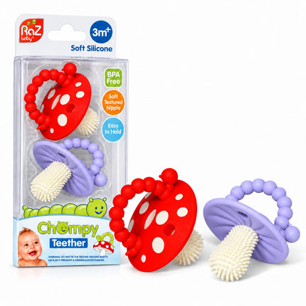Soft Silicone Infant & Baby 3M+ Teether Toy Massaging Bristles Teething Pacifier - Soothes Sore Gums - Hands-Free & Easy-to-Hold Chompy Teether, BPA Free (RED/Green)