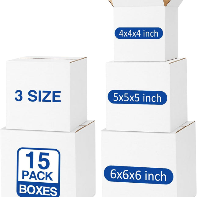 Assorted-Sizes-Shipping-Boxes-15-Pack: 4x4x4 & 5x5x5 & 6x6x6 Small-Shipping-Boxes-Mailers, White