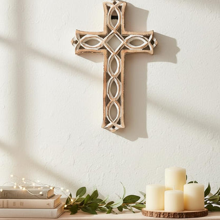 Thanksgivning Gifts Wooden Wall Cross Plaque with Hand Carvings | Religious Altar Home & Living Room Decor | Whitewash Wood Wall Cross 12 x 8 Inch