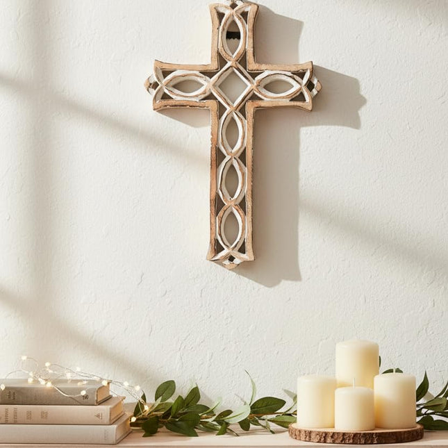 Thanksgivning Gifts Wooden Wall Cross Plaque with Hand Carvings | Religious Altar Home & Living Room Decor | Whitewash Wood Wall Cross 12 x 8 Inch
