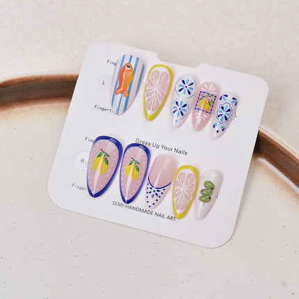 24Pcs Summer Press on Nails Medium Almond Fake Nails 3D Cute Fish Lemon False Nails Reusable Bohemia Designs French Tip Acrylic Nail Summer Fruit Full Cover Stick on Nails for Women Nail Supplies