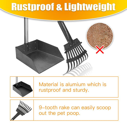 Recogedor para heces de perro con mango largo, bandeja de metal inoxidable y rastrillo para perros medianos y pequeños, suministros resistentes para usar en césped, tierra o grava