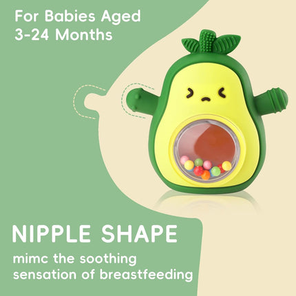 Baby Teether & Rattle Toys Avocado Teething Mitten for Sucking Needs -Anti Dropping Wrist Hand, Silicone Teethers Baby Chew Toys for Babies Over 3 Months, BPA Free