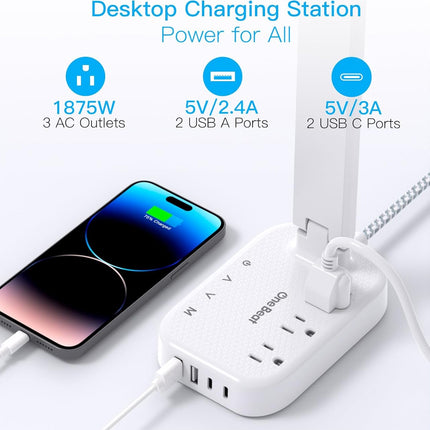 One Beat LED Small Desk Lamp Power Strip 5ft Extension Cord, 3 Outlets, 4 USB Ports(2 USB C), 4 Modes, 5 Level Touch- Home, Office, Bedroom, Bedside, Study Reading Light, Dorm Room Essentials, White