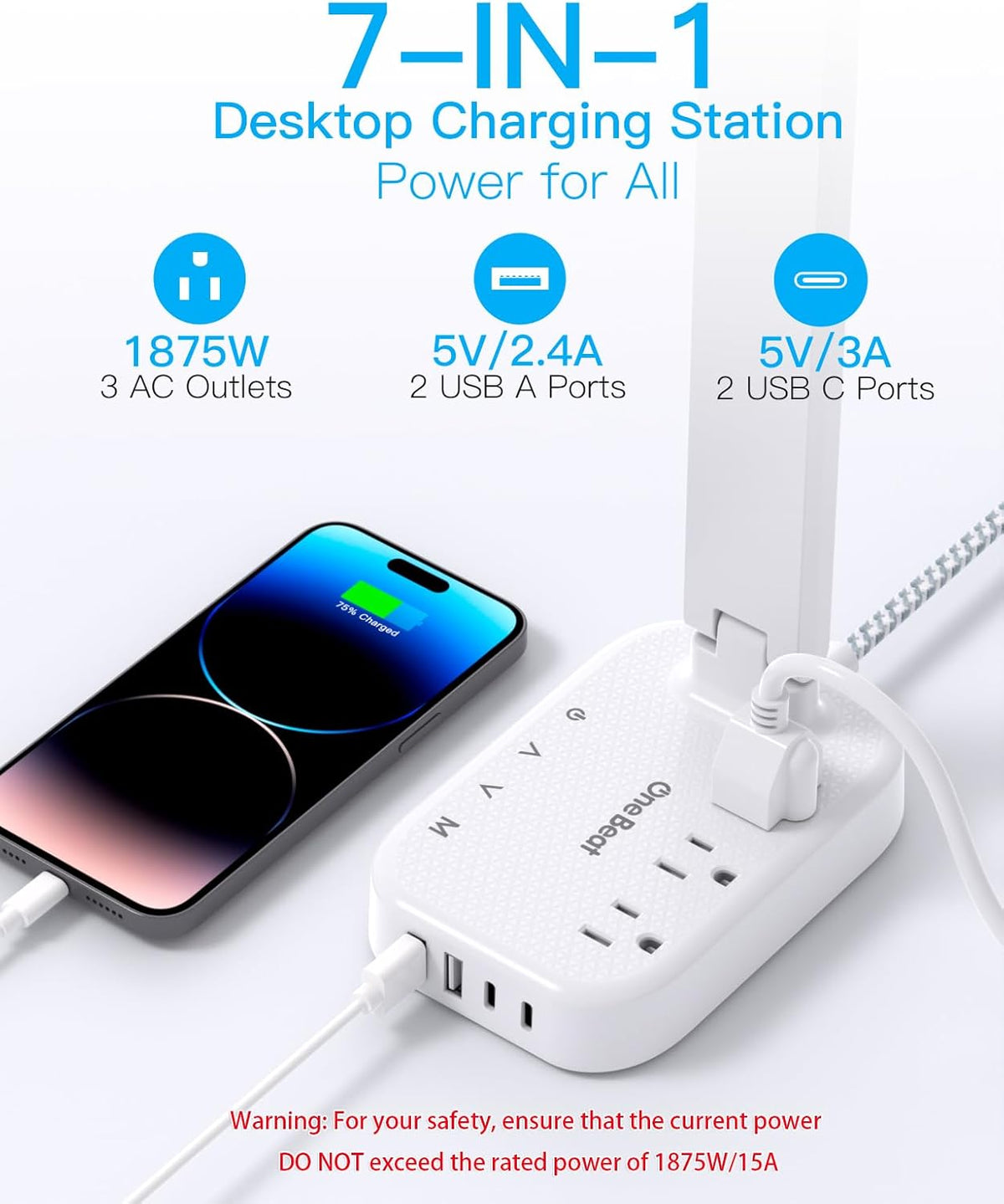 Small LED Desk Lamp Power Strip with 5 ft Cord, 3 Outlets and 4 USB Ports, White - photo 2