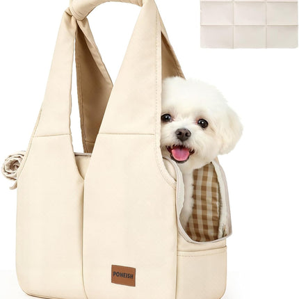 Dog Purse Carrier for Small Dogs and Cats, Soft-Sided Pet Tote Bag with 6 Large Pockets, Collapsible Travel Puppy Carrier with Small Cushion, Fits Pets up to 6 lbs (Beige, 13.6" L x 6.6" W x 10" H)