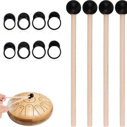 4pcs Wood Handle Steel Tongue Drum Mallets, Xylophone Mallets with 8 Finger Cots Glockenspiel Drumsticks Rubber Percussion Sticks for Marimba Timpani Tongue Drum Bell