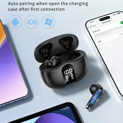 XIAOWTEK Wireless Earbuds, 2026 Bluetooth 5.4 Headphones Bass Stereo Ear Buds with Noise Cancelling Mic, LED Display in Ear Earphones 50H Playtime Ear Buds, IP7 Waterproof for Laptop Pad Phones Black
