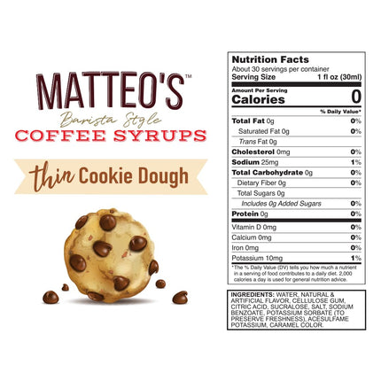 Matteo's Cookie Dough Syrup for Coffee, Lattes, Cappuccinos & Desserts – Sugar-Free Sweetener for Beverages, Keto Friendly, Zero Calories, Indulgent Flavor, Non-Alcoholic, 33.8oz (1pk)