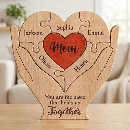 Mom, Mum, Mother You are The Piece that Holds Us Together - Personalized Wooden Family Puzzle, Custom Name Puzzle Sign for Mom Grandma, Mother’s Day Birthday Gift, Family Keepsake Decor