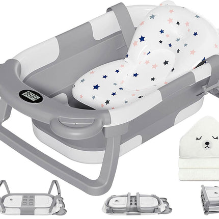 MoreFeel Collapsible Baby Bathtub for Newborn with Thermometer & 1 Hooded Towel & 1 Soft Floating Cushion,Portable Travel Bathtub with Drain Hole, Durable Foldable Baby Tubs for Infants to Toddler