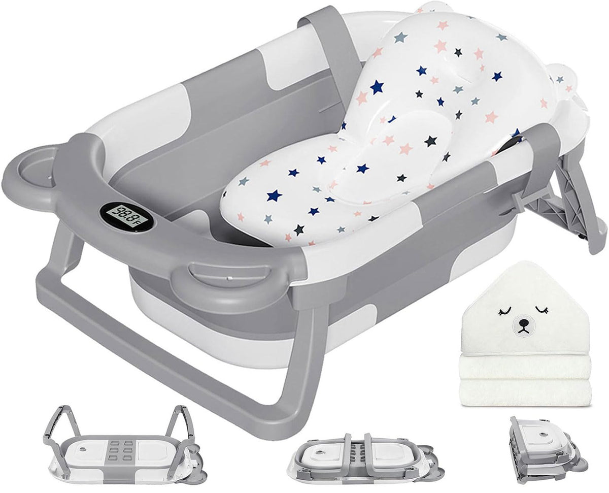 Collapsible Baby Bathtub for Newborns with Thermometer, Hooded Towel, Floating Cushion, and Drain Hole