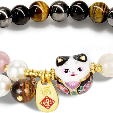 Lucky Cat Bracelet Feng Shui Good Luck Jewelry for Women, Wealth & Fortune Protection - Natural Gemstone Crystal Bracelets