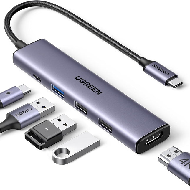 USB C Hub 5 in 1 Multiport Adapter 4K HDMI, 100W Power Delivery, 3 USB-A Data Ports, USB C Dongle for MacBook Pro/Air