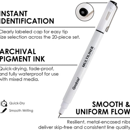 Grabie Black Ink Waterproof Multiliner Drawing Pen Set of 6, Professional Smudge-proof Archival Fineliners, Precision Micro-Line Pens for Artists, Sketching, Illustration, 6 Assorted Nib Sizes