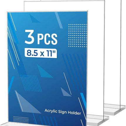 3 Pack Acrylic Sign Holder 8.5 x 11 Inches, Clear Menu Stand, Vertical Flyer Display, Table Paper Holder, Desk Brochure, Plastic Sign Display for Restaurants, Office, Store