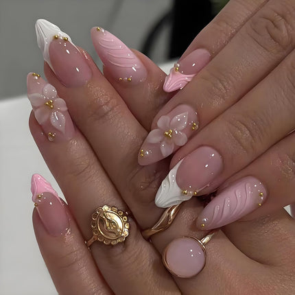 LPOODDNU 3D Pink Press on Nails Almond - Medium French Tip Fake Nails with Embossed Flower&Gold Bead Designs, Glossy Finish Reusable False Nails with Glue Tabs - 24Pcs Nail Kit for Women Manicure