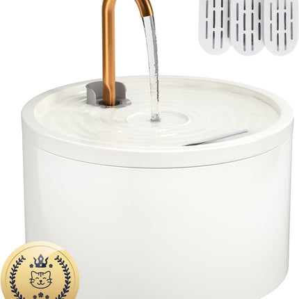 MISFANS Ceramic Cat Water Fountain - 2.1L/71oz - All-Ceramic Body & Pure Copper Water Spout - Non-Toxic - Automatic Pet Drinking Fountain Indoor with Ultra-Quiet Pump, and 3Pcs Filter & Sponge (White)