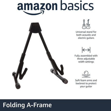 Amazon Basics Portable Adjustable Folding Guitar Stand for Electric and Acoustic Guitars, A-shape, Fully Assembled with Padded Foam, Black, 8.66 x 15.16 x 3.74 inches
