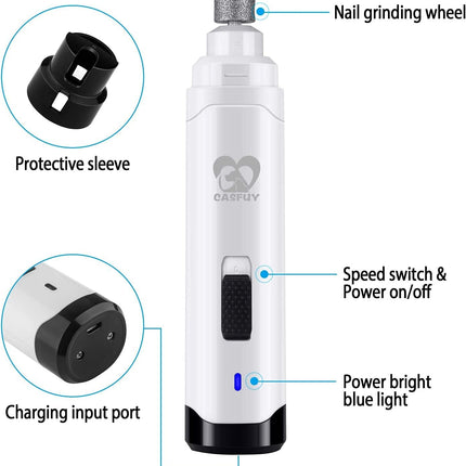 Casfuy Dog Nail Grinder Upgraded - Professional 2-Speed Whisper-Quiet Electric Pet Nail Trimmer Painless Paws Grooming & Smoothing for Small Medium Large Dogs & Cats (White)