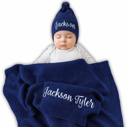 Personalized Baby Blanket, 100% GOTS Organic Certified, Customized Swaddle Blanket with Name, Receiving Blankets for Boys and Girls, Perfect Custom Gifts for Newborns, Kids and Baby Showers Navy
