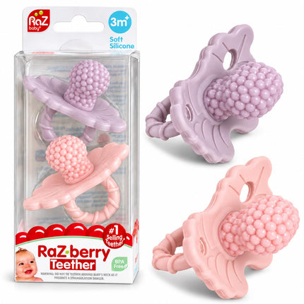 Silicone Teether Pacifier – Teething Relief for Infants, Food-Grade, BPA-Free, Hands-Free, Natural Berrybumps Fruit Texture for Sensory Development, Freezable, 2-Pack - Red & Blue