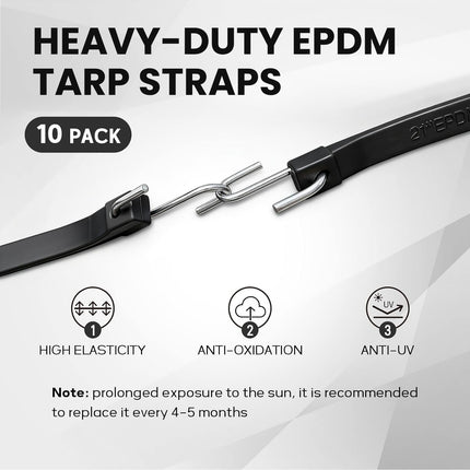 21" Rubber Tarp Straps with 150% Max Stretch, 100% EPDM Bungee Cords with Metal Crimped S Hooks, Ideal for Securing Tarps, Cargo, Canvases, Weatherproof (10 Pack)