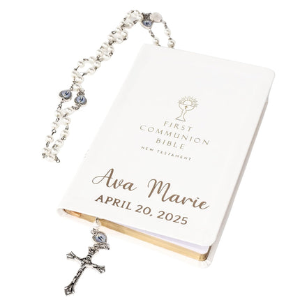 Personalized First Communion Bible New Testament, First Gift Catholic Rosary Set Engraved Religious Keepsake, Holy Sacrament, Biblia para Primera Comunion