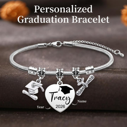 Personalized Graduation Bracelet Class of 2026 – Custom Name & Year Charm Bracelet for Women, Stainless Steel Graduation Jewelry Gift for Daughter, Sister, Best Friend, College High School Graduate