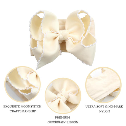 6'' Jumbo Beige Baby Girls Bow Headbands, Handmade Grosgrain Moonstitch Boutique Baby Headwraps, Super Stretchy Soft Nylon Headbands for Newborns, Infants & Toddlers