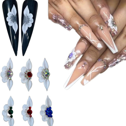 Set 10Pcs 3D Flowers Nails Charms With Rhinestone Gems Handmade by Acrylic Powder Design For Long Nail L,XL,XXL Flower Nail Art Floral Salon Decor Women Girls (White No Rhinestones-10Pcs)