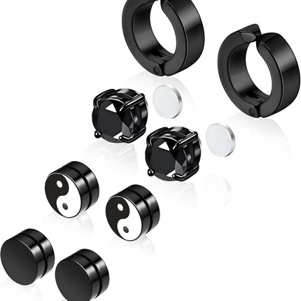 Trinckle Magnetic Earrings for Men and Women, 4 Pairs Clip on Earrings Stainless Steel Stud Earrings Hypoallergenic Cubic Zirconia Studs Small Non-piercing Silver Ear Cuff Black Fake Earring Set 6-8MM