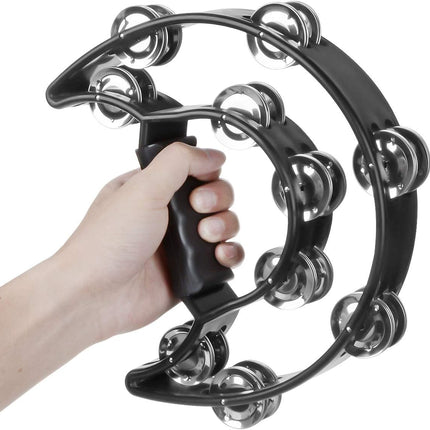 Half Moon Musical Tambourine Double Row Metal Jingles Hand Held Percussion Drum Multicolor for KTV Party with Ergonomic Handle Grip (Black)
