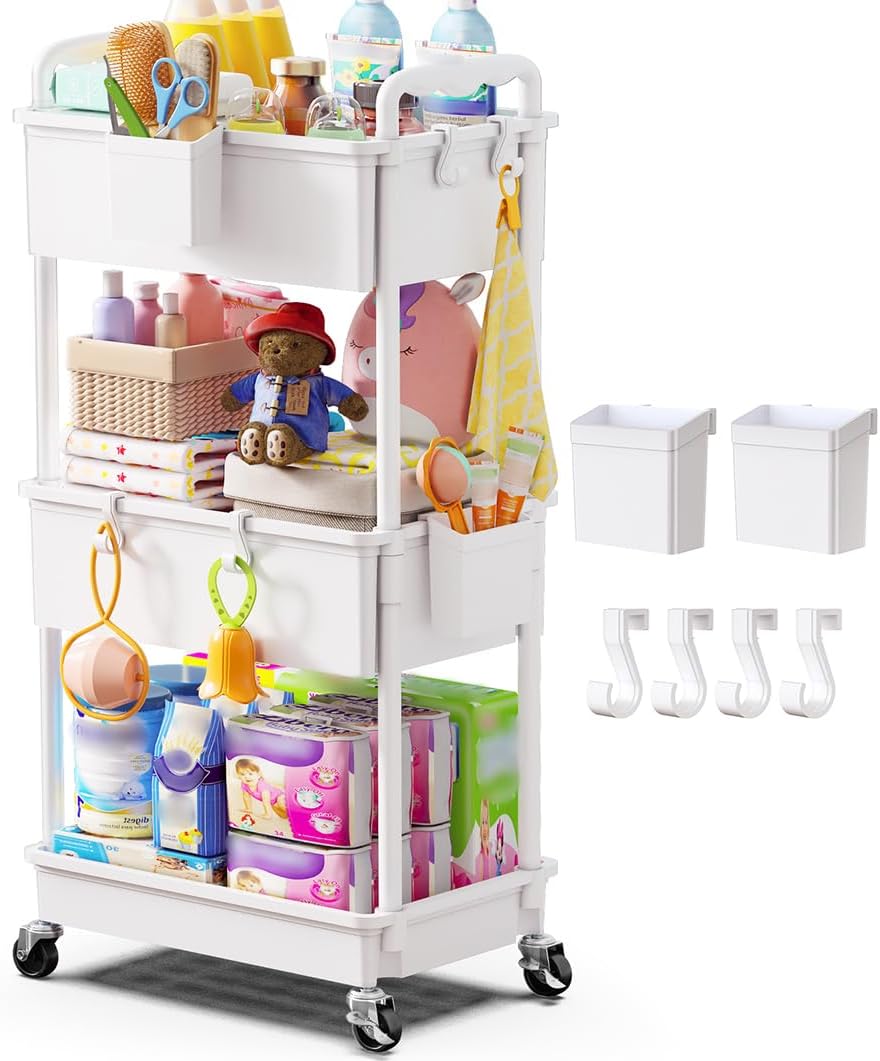 3-Tier White Rolling Diaper Cart with Lockable Wheels
