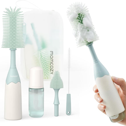 Momcozy Bottle Brush Kit with Push-Press Foam Design - Newborn Essentials Gift, Portable Cleaning Tool for Home & Travel, Baby Bottle Cleaner Brush for Breast Pumps & Nipples, Green