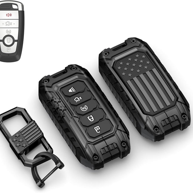 USA Flag-Inspired Hevay Duty Zinc Alloy Key Fob Cover, Keychain, Accessories Compatible with Ford F150 F250 F350 F450