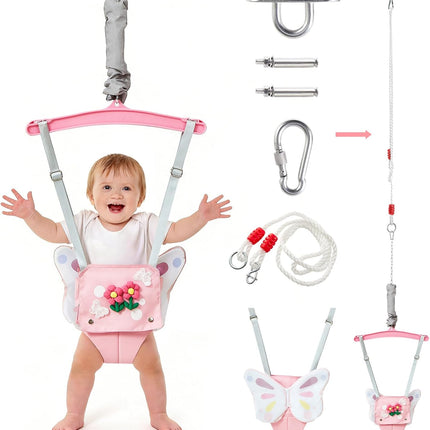 FUNLIO Baby Jumper with a Ceiling Hook for 6-24 Months, Baby Door Jumper for Indoor/Outdoor Play, Jumper Doorway with Adjustable Chain, Easy to Assemble & Store (with a Ceiling Hook) - Pink Butterfly