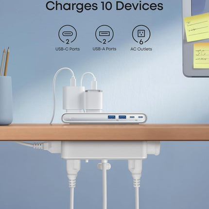 Anker Nano Power Strip, Desk Clamp with 1500J Surge Protector, 5ft Extension Cord, 70W Max Gaming Desk Accessories, 6 AC, 2 USB A, 2 USB C, Home Office Essentials, Fit 0.6~1.8'' Tabletop Edge (White)
