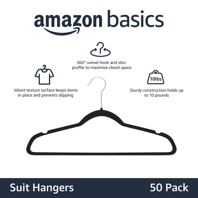 Slim Velvet Non-Slip Space Saving Suit Clothes Hangers, Closet Organizer, Black, 50-Pack - photo 2